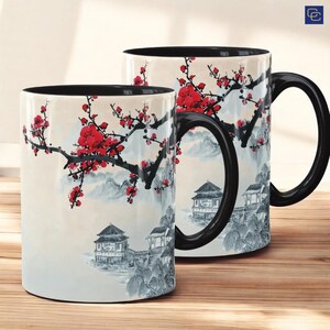 桜コーヒーマグ | 桜の陶器ティーカップ | 和風花柄マグ | 彼女へのピンクの花のギフト | 風景を描いた自然ドリンクウェア