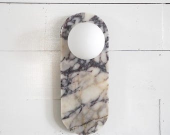 Marble Wall Sconce Oblong Bar Panel, Calacatta Viola with Frosted Globe, Modern Home Decor, Natural Stone Wall Lamp