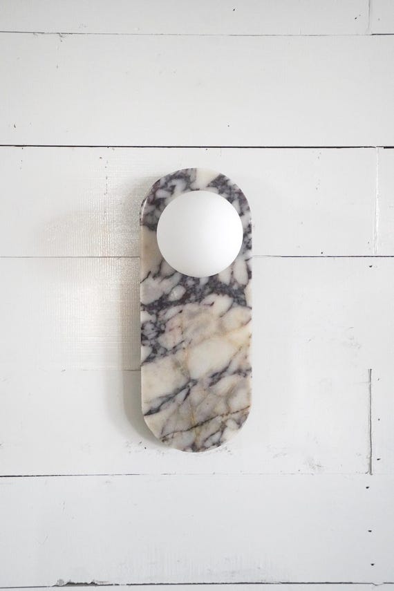 Marble Wall Sconce Oblong Bar Panel, Calacatta Viola with Frosted Globe, Modern Home Decor, Natural Stone Wall Lamp