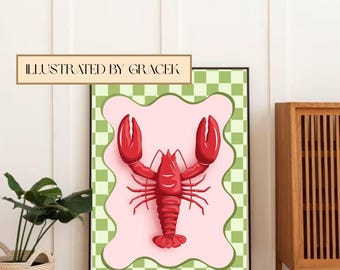 Hand-Drawn Lobster Digital Print | Nautical Coastal Wall Art | Retro Kitchen Decor | Ocean-Inspired Illustration