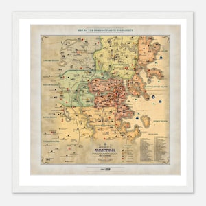 Może przedstawiać: Mapa w stylu vintage Wspólnoty w Fallout 4, popularnej grze wideo. Mapa przedstawia różne regiony świata gry, w tym Boston, Concord, Medford, Weston, Natick i Quincy. Mapa jest w jasnobrązowej kolorystyce z wyblakłym wyglądem, co nadaje jej vintage'owy charakter.