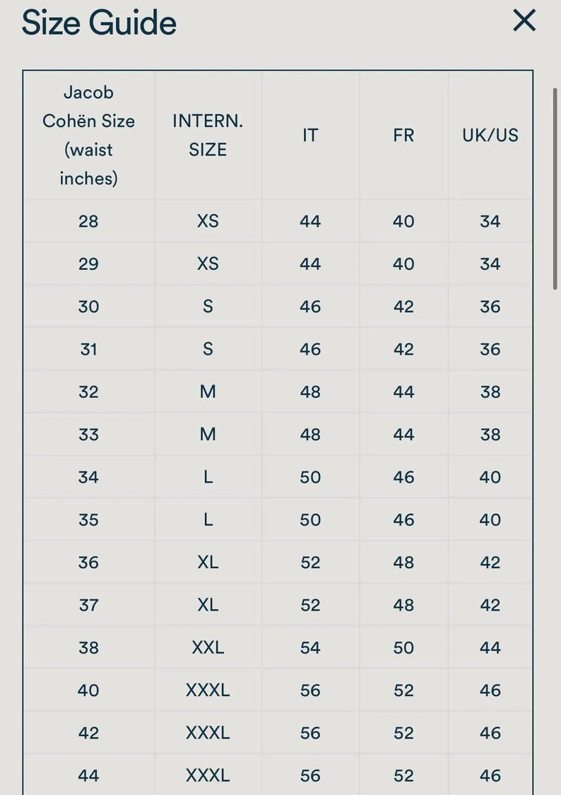 May include: A size guide table with the title "Size Guide" displays waist sizes in inches, international sizes, and corresponding sizes for Italy, France, and the UK/US. Sizes range from 28 inches to 44 inches.