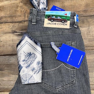 Può includere: Jeans in denim grigio scuro con un classico design a cinque tasche. I jeans presentano una toppa con il marchio con una grafica di un'auto e la scritta "JACOB COHEN". Un'etichetta blu e un fazzoletto da taschino fantasia sono infilati nelle tasche.