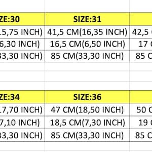 May include: A size chart with measurements in centimeters and inches for clothing. The chart includes waist, bottom leg width, and leg length measurements for sizes 30 through 38.