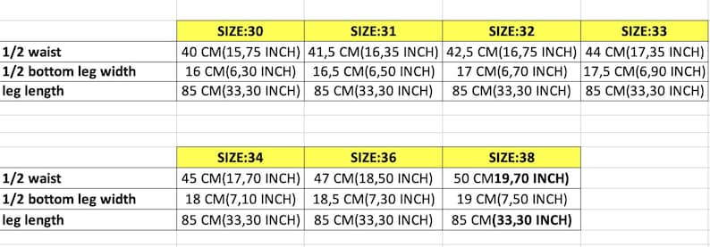 May include: A size chart with measurements in centimeters and inches for clothing. The chart includes waist, bottom leg width, and leg length measurements for sizes 30 through 38.