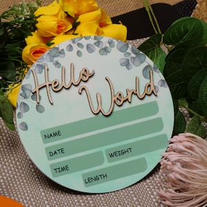Eucalyptus Baby Announcement Plaque: Laser Cut Hello World Sign