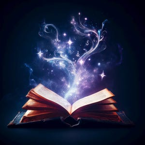 May include: An open, aged book with glowing pages, emitting a stream of swirling, ethereal light and stars against a dark blue background. The image evokes themes of fantasy and magic.