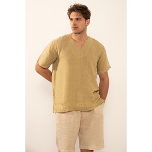 Linen V-Neck Men&#39;s T-Shirt, Short Sleeve Linen T-Shirt, Flax T-Shirt, Linen Men&#39;s Top, Basic T-Shirt, Men&#39;s Stylish T-Shirt