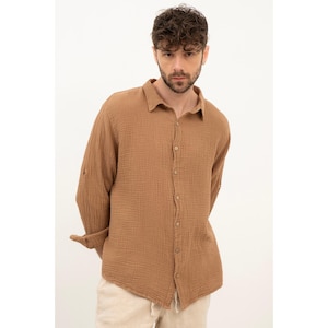 Muslin Men&#39;s Shirt, Collared Men&#39;s Shirt, Boho Muslin Shirt, Relaxed-fit Muslin Shirt, Gauze Loose Shirt, Shirt For Men&#39;s