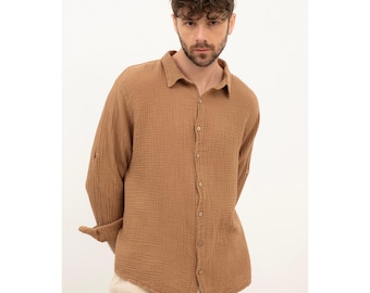 Chemise homme à col en mousseline : chemise bohème décontractée en gaze