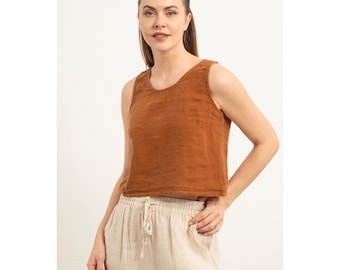 Pure Linen Crop Top: Buttoned Back Sleeveless Blouse