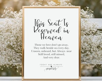 Este asiento está reservado en el cielo: cartel minimalista imprimible de asiento reservado para bodas, homenaje discreto, recuerdo de la ceremonia