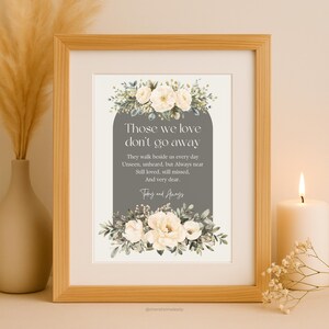 May include: A framed print with the text "Those we love don't go away" surrounded by floral arrangements. The print is in a light wood frame, with a lit candle and vase in the background.