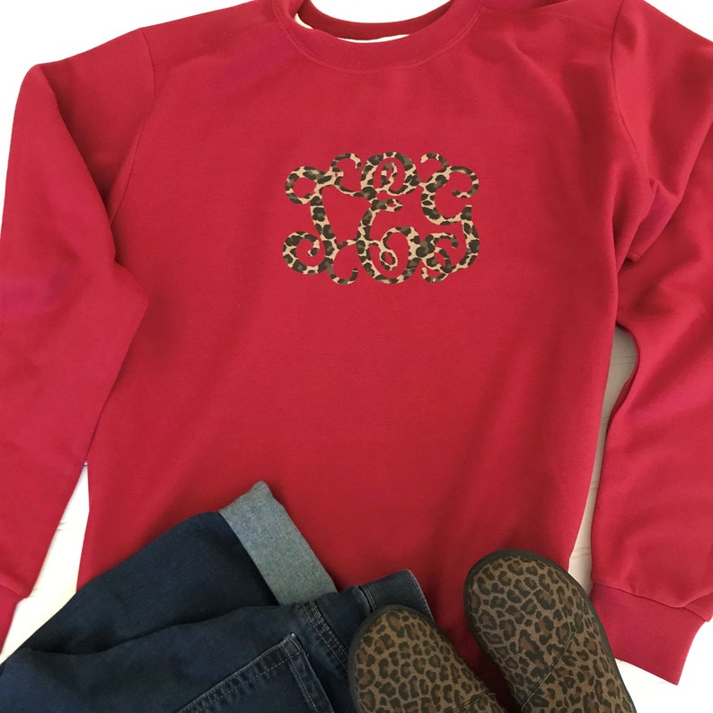 Leopard Print Monogram~Dark Red Sweatshirt~Custom Monogram~Personalized Sweatshirt~Gifts for Her~Ladies Monogrammed Sweatshirt~Custom Gifts