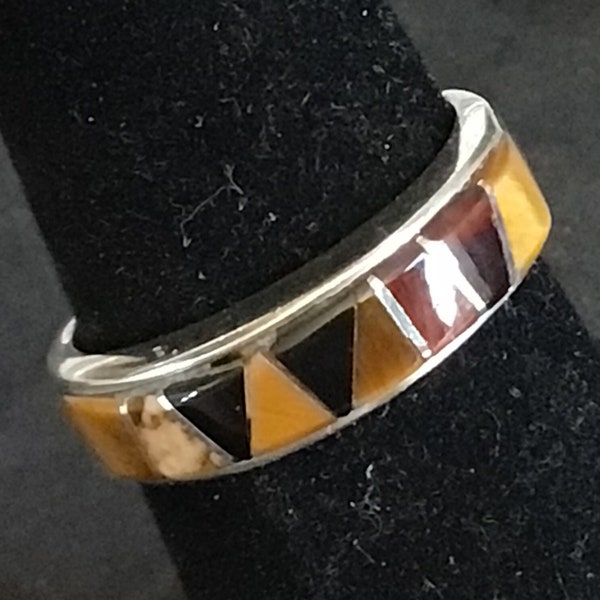 Vintage inlay ring Calvin Begay Navajo earth tone stones sterling silver