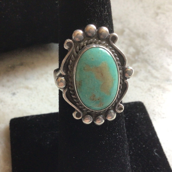 Vintage Fred Harvey era green turquoise ring size 6 sterling silver