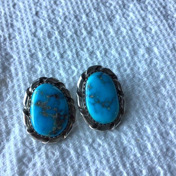 Vintage turquoise clip back earrings great stones - image 3