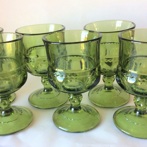 Vintage set of 7 Indiana Glass Kings Crown or Thumbprint retro stemware Olive green