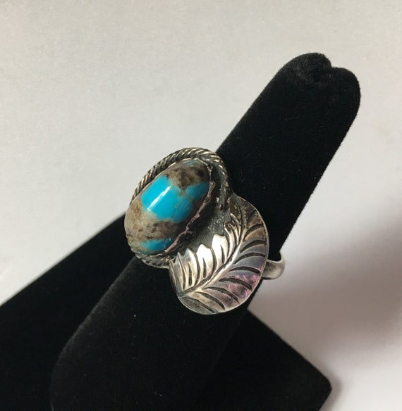 Vintage Southwest Turquoise and Silver leaf ring - image 2