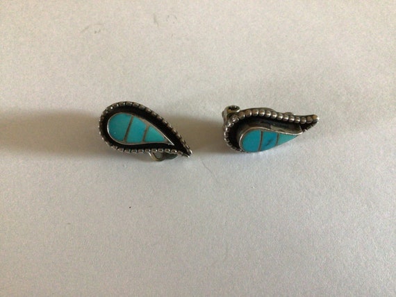 Vintage Zuni inlay earrings turquoise Lloyd and J… - image 1