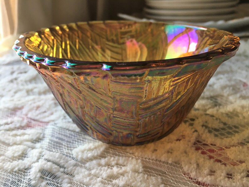 Marigold Carnival Glass Basket Weave Chip and Dip Set Etsy