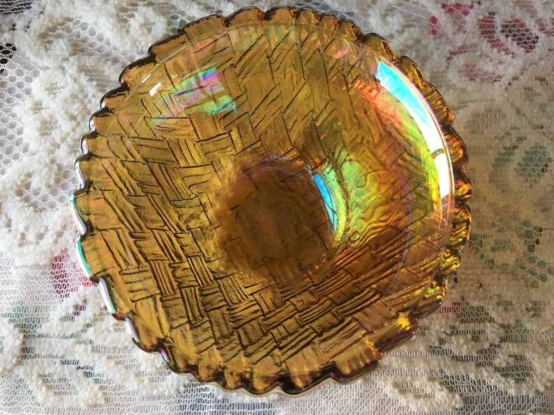 Marigold Carnival Glass Basket Weave Chip and Dip Set Etsy