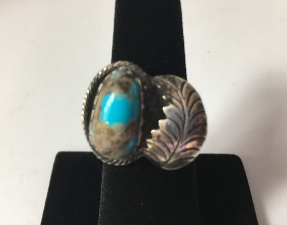 Vintage Southwest Turquoise and Silver leaf ring - image 1
