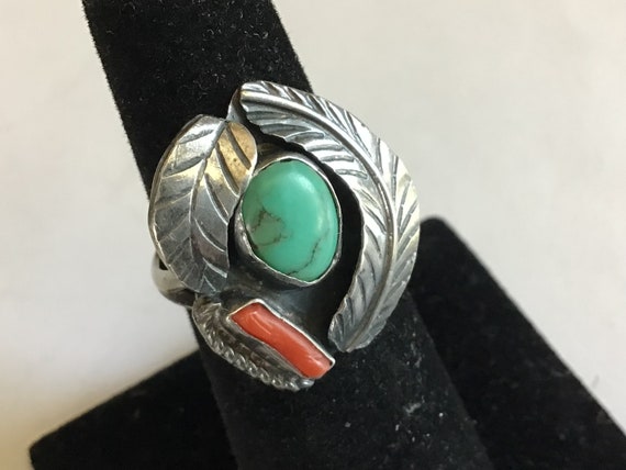 Vintage turquoise and coral feather ring sterling… - image 1
