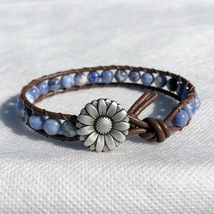 Sodalite Beaded Leather Bracelet with Daisy Button