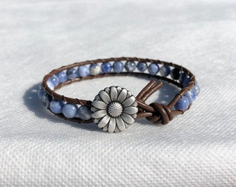 Sodalite Beaded Leather Bracelet with Daisy Button