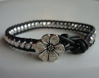Silver Beaded Leather Bracelet with Flower Button