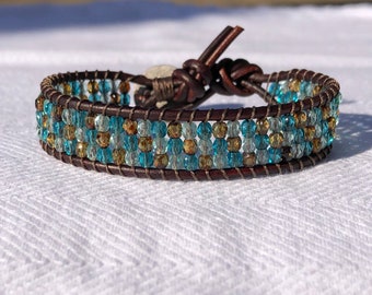 Turquoise and Sea Green Beaded Leather Bracelet