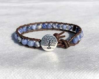 Sodalite Beaded Leather Bracelet with Tree of Life Button