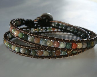 Fancy Jasper Leather Wrap Bracelet with Daisy Button