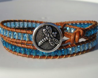 Dragonfly Bracelet Blue Beaded Leather Bracelet