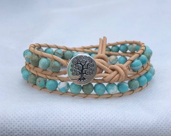 Beaded Leather Bracelet, Blue, Green and White Magnasite Beads