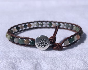 Fancy Jasper Beaded Leather Bracelet with Lotus Button