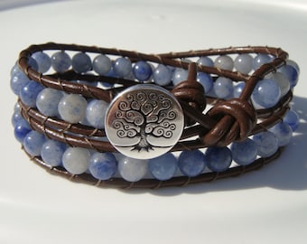 Blue Aventurine Beaded Leather Wrap Bracelet with Tree of Life Button