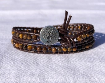 Tigers Eye Beaded Leather Wrap Bracelet