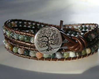 Fancy Jasper Beaded Leather Wrap Bracelet with Tree of Life Button