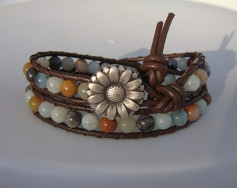 Amazonite Beaded Leather Wrap Bracelet with Daisy Button