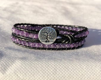 Amethyst Beaded Leather Wrap Bracelet with Tree of Life Button