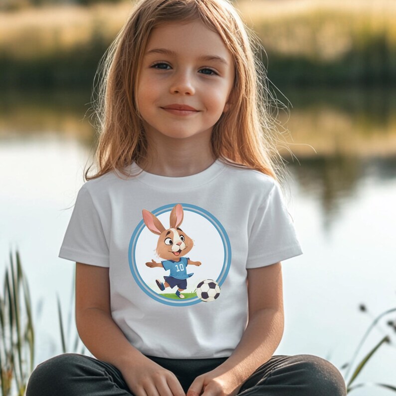 May include: White t-shirt with a blue circle graphic featuring a cartoon bunny wearing a blue soccer jersey with the number 10 on it. The bunny is kicking a soccer ball.