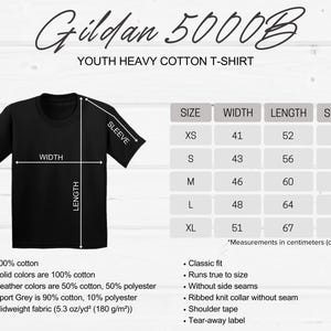 May include: Gildan 5000B Youth Heavy Cotton T-Shirt size chart with measurements in inches for XS, S, M, L, and XL sizes. The chart shows width, length, and sleeve measurements.