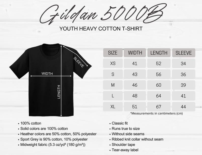 May include: Gildan 5000B Youth Heavy Cotton T-Shirt size chart with measurements in inches for XS, S, M, L, and XL sizes. The chart shows width, length, and sleeve measurements.