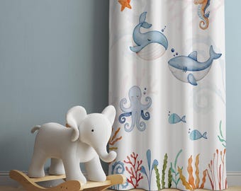 Watercolor Ocean Animals Baby Boy Room Curtain, Nursery Curtains, Window Curtains, Sea Animals Baby Curtains, Black Out Curtains
