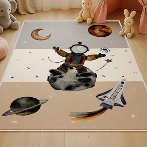 Space Themed Cute Kid&#39;s Rug, Astronaut Themed Kids Rug for Nursery Room, Outer Space Play Mat for Boys, Soft Non Slip Galaxy Carpet