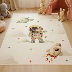 Astronaut Themed Kids Rug for Nursery Room, Space Themed Cute Kid&#39;s Rug, Outer Space Play Mat for Boys, Soft Non Slip Galaxy Carpet