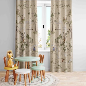 May include: A set of Winnie the Pooh themed curtains featuring a map of the Hundred Acre Wood. The curtains are beige with brown and green illustrations. The curtains are hung in a room with a small table and chairs.