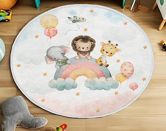 Safari Animal Kids Carpet, Rainbow Rug, Nursery Rug, Washable Non Slip Soft Rug, Play Rug, Girls Rug, Kids Room Play Mat, Baby Shower Gift